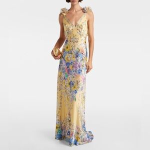 Camilla V Neck Bias cut with Back Frill Slip Dress.Purple and blue accents